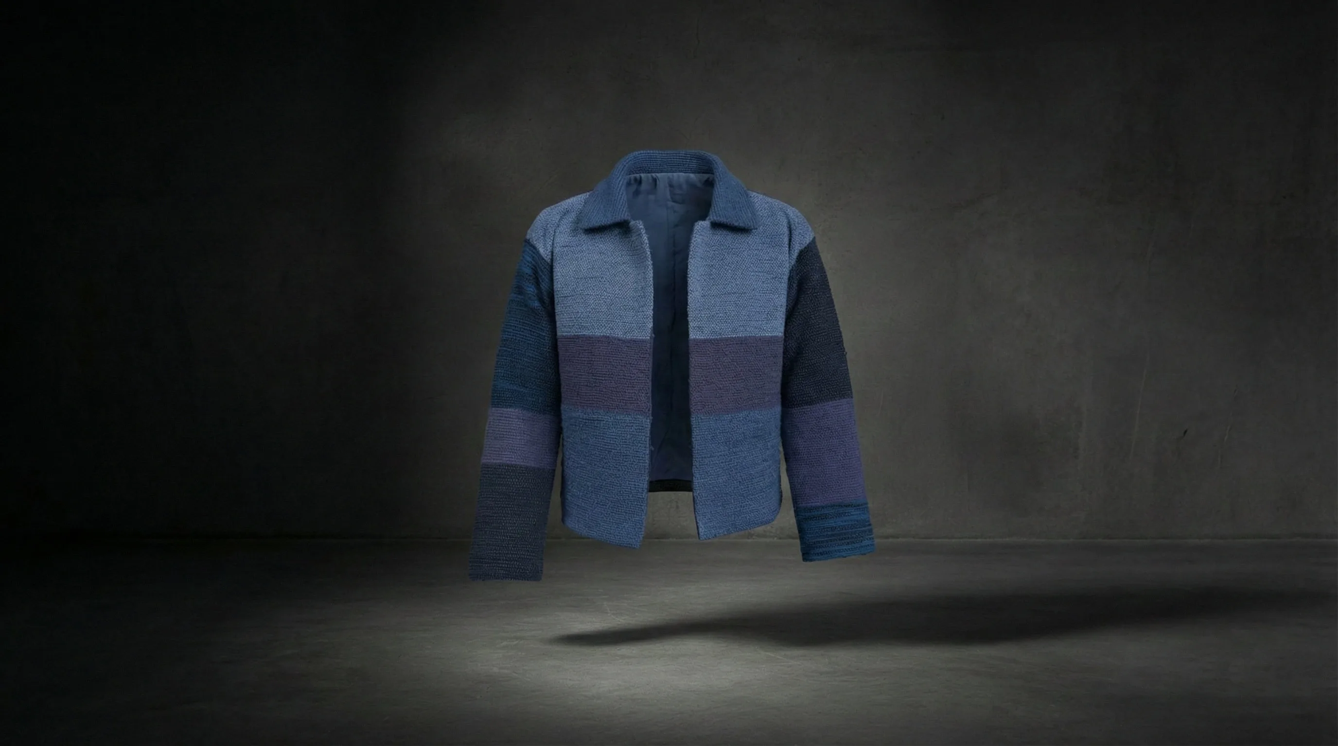 WOVENRAG handwoven overshirt — front view showcasing colour-gradient woven panels