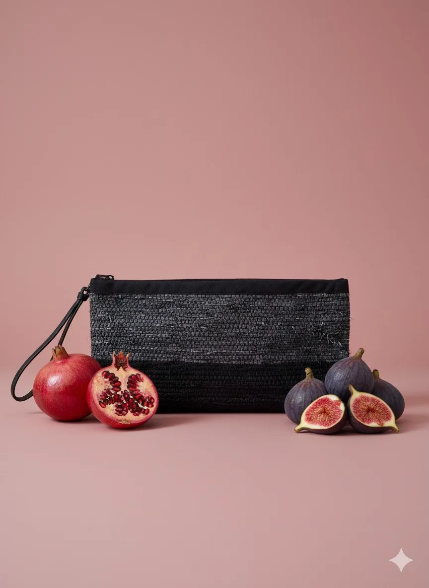 Dark handwoven clutch handbag with distinctive recycled textile texture