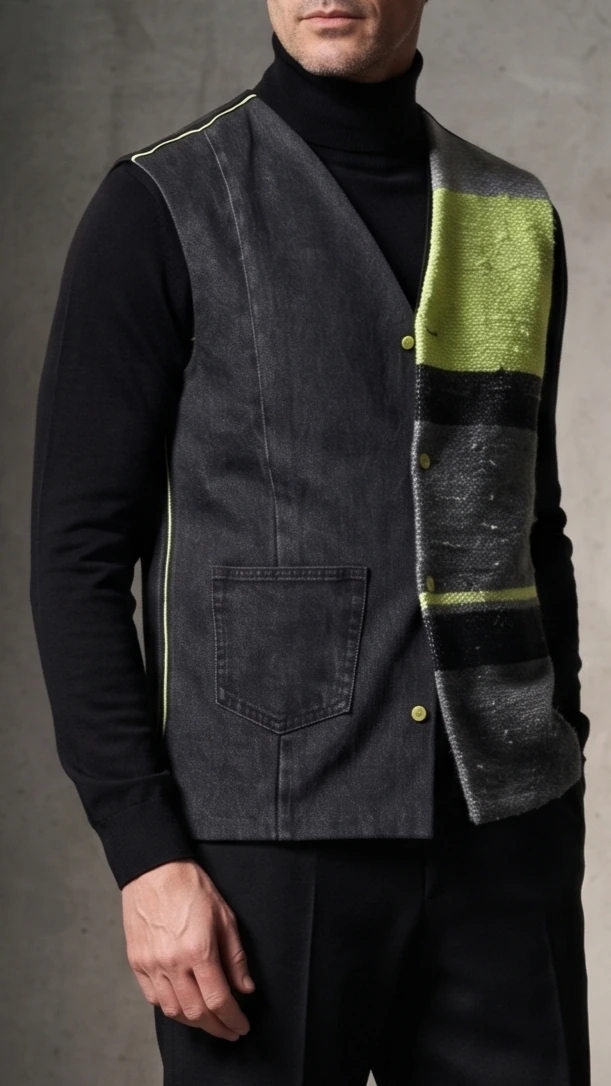 The neon vest styled over a black turtleneck for an elegant look