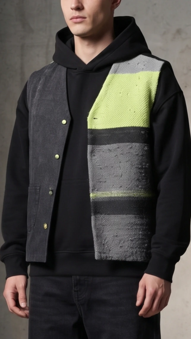 The neon vest styled over a black hoodie for a street look
